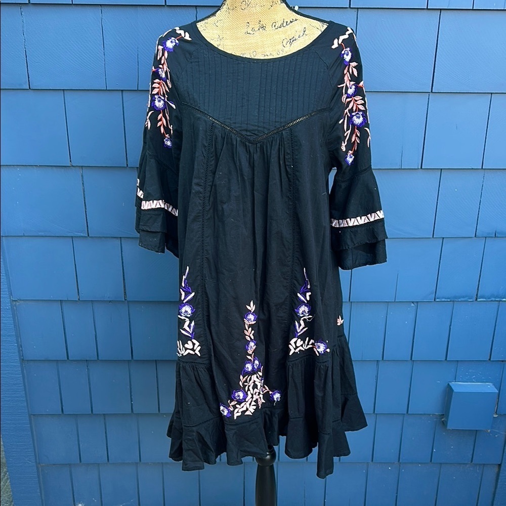 Free People Black Dress with Purple & Pink Embroidery Pavlo black
